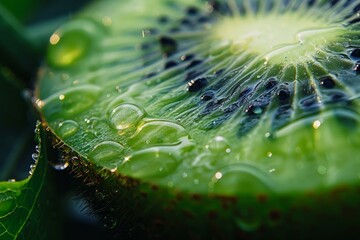 Poster - macro photograph of a kiwi slice glistening with fresh water droplets, emphasizing its vibrant green