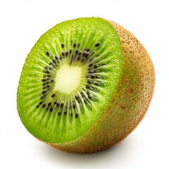 Poster - Half of a ripe kiwi fruit revealing its bright green flesh, black seeds, and fuzzy brown skin