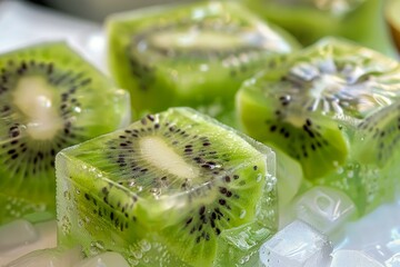 Poster - kiwi fruit slices encased in ice cubes, maintaining their vibrant green color and nutritional value