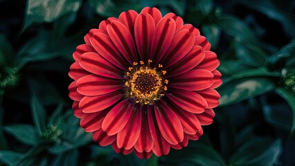 Wall Mural - Vibrant red flower close-up with layered petals and golden center against a dark green background highlighting nature's beauty and detail