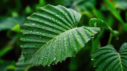 Wall Mural - Dew covered green leaves of lady's mantle with water droplets prominently displayed on textured surfaces against a blurred green background