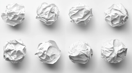 A series of crumpled white paper balls arranged in a grid on a flat surface.