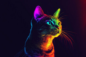 Poster - Vibrant neon glowing cat portrait with bright colorful details on a dark background