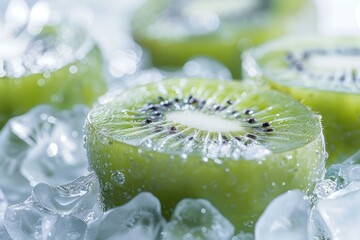 Poster - close up of kiwi slices sitting on crushed ice, creating a refreshing and cool visual
