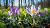 Vibrant purple and white crocus flowers emerging from lush green grass, droplets of water glistening, set against a blurred woodland background.