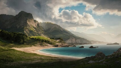 Sticker - Tranquil coastal landscape with lush green hills, dramatic clouds over serene blue water and sandy beach under soft sunlight.