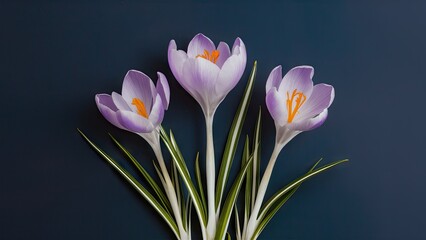 Wall Mural - Crocus flowers in shades of lavender and white with orange stamens above green leaves positioned against a dark blue background