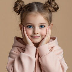 Cute little girl wearing a light pink hoodie, hands on her face, blue eyes, two buns hairstyle.