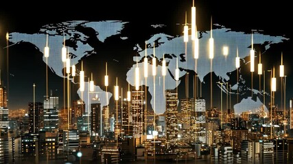 Poster - Illuminated city skyline showcases tall buildings with an artistic data overlay illustrating global market trends and connectivity