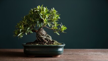 Wall Mural - Bonsai jade plant with twisted trunk and vibrant green leaves on wooden table against dark background showcasing intricate details and textures