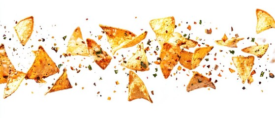 Naklejka na meble A scattering of crispy tortilla chips with seasoning on a white background.
