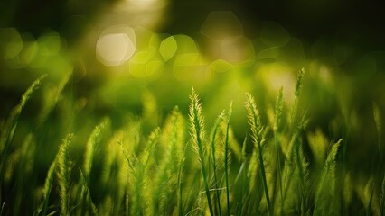 Wall Mural - Lush green grass with blurred bokeh effect in soft sunlight creating an abstract nature background highlighting vibrant greens and gentle light.