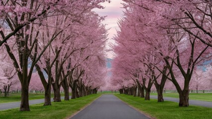 Wall Mural - Blossoming cherry trees lined along a tranquil path with vibrant pink blooms and lush green grass under a soft pastel sky at dawn.