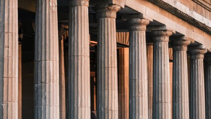 Canvas Print - Stone pillars in warm sunset light, positioned vertically in a structured row, showcasing intricate details and shadows against a softly illuminated background.