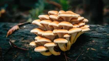 Sticker - A vibrant cluster of cream mushrooms with light brown caps growing on a dark wooden log amidst lush greenery in a soft-focus background