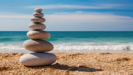 Sticker - Tranquil stacked grey pebbles on sandy beach with gentle waves in the background under a clear blue sky capturing serenity and balance