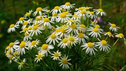 Wall Mural - Cluster of vibrant white Butter Daisy flowers with bright yellow centers, arranged tightly, set against a blurred green background showcasing nature.