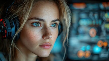 Poster - Woman Gamer Wearing Headphones Focused on Screen