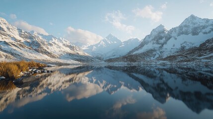 Wall Mural - Calm mountain lake reflection, snowy peaks, sunrise, winter landscape, travel poster