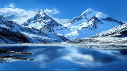 Wall Mural - Majestic snow-capped peaks reflecting in serene alpine lake, winter landscape, travel poster
