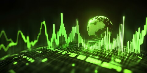 Poster - A vibrant and dynamic digital background featuring an array of glowing data charts, with neon green lines representing growth and success in business