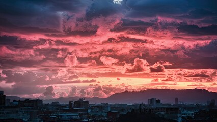 Canvas Print - Vibrant sunset sky painted in hues of pink and purple with silhouetted city skyline in foreground contrasting against dramatic clouds and mountains.