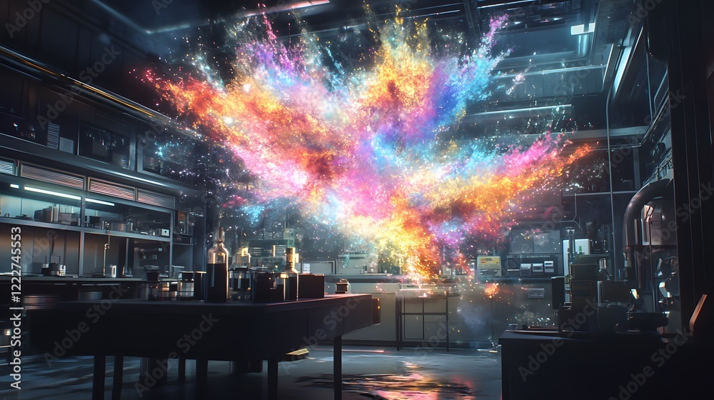 The breakdown of quantum states depicted as an explosion of colorful ...