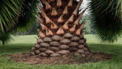 Sticker - Base of a palm tree showing brown textured trunk with large green fronds overhead on a lush grassy background under cloudy sky