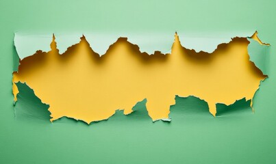 Wall Mural - Forced perspective photo of yellow paper torn to reveal green paper background