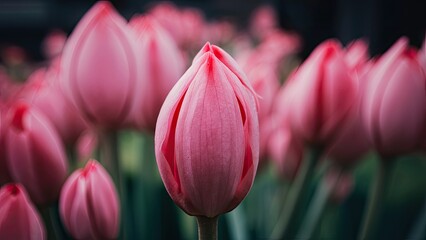 Wall Mural - Closeup of soft pink tulip buds in focus surrounded by blurred pink blooms with a dark green backdrop highlighting floral beauty in nature