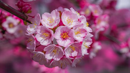 Wall Mural - Vibrant cluster of delicate pink cherry blossoms with yellow stamen against a soft blurred background of complementary pink hues showcasing spring beauty.