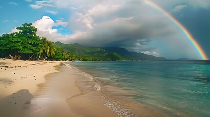 Wall Mural - rainbow spanning across a cloudy sky above a tranquil beach after rain, shot with 35mm, f22, cinemat