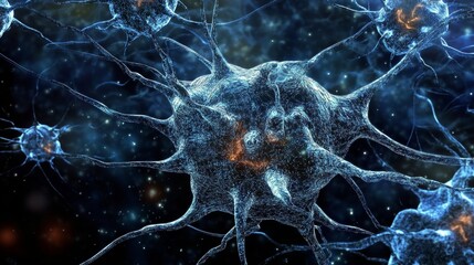 Poster - 3D rendering of a network of neurons firing with electrical signals, neural network, brain activity