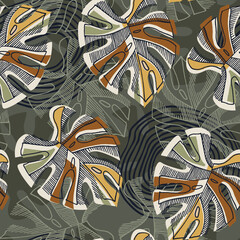 Wall Mural - Seamless green pattern with tropical leaves. Exotic wallpaper, Hawaiian style.