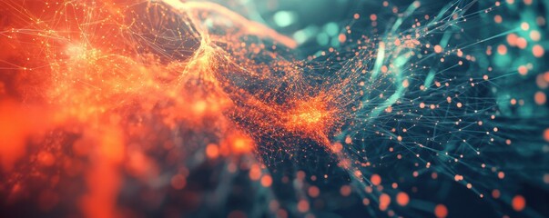 Leinwandbilder - Abstract network with glowing orange and blue light nodes in a digital web