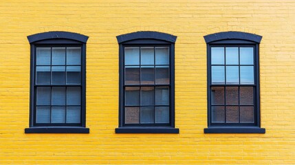 Poster - Three Black-Framed Windows on Bright Yellow Brick Wall