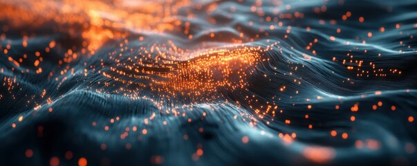 Poster - Abstract digital landscape with glowing particles on wavy surface