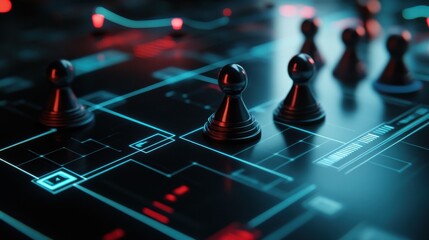Poster - a 3d investment strategy board with animated strategic markers, symbolizing the planning and executi
