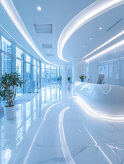 Wall Mural - Modern office reception area with sleek white design and bright, spacious interior.