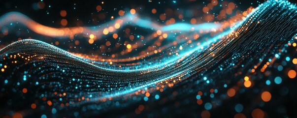 Poster - Abstract blue and orange light waves with glowing particles