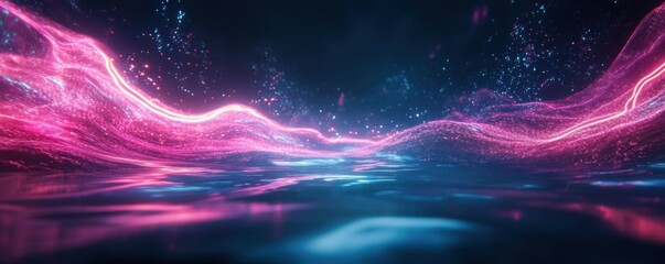 Poster - Vibrant neon pink and blue waves with sparkling lights in a digital landscape