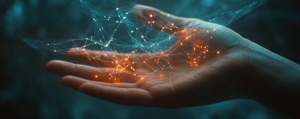 Leinwandbilder - Hand holding glowing network of connected nodes in dark environment