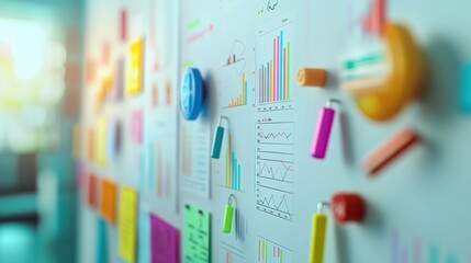 Poster - a conceptual real estate investment strategy board, featuring graphs, charts, and notes pinned with 