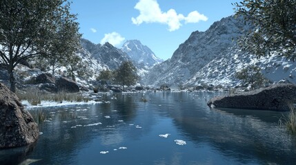 Wall Mural - Snowy mountain lake tranquil winter scene