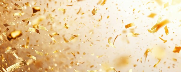 Poster - Shimmering golden confetti falling against a soft light background