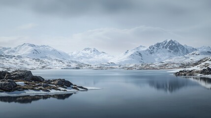 Wall Mural - Calm winter lake reflecting snowy mountains