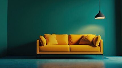 Poster - Bright yellow sofa in modern living room with teal wall decor