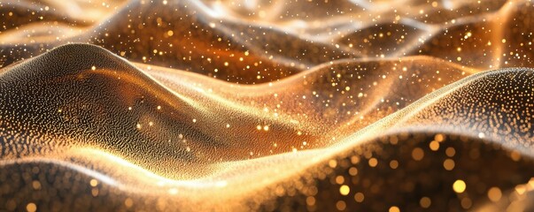Poster - Glowing golden particles on undulating sand-like surface in abstract background