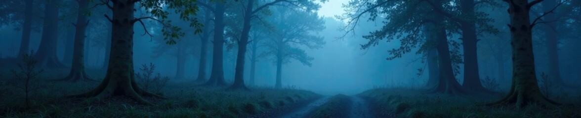  A mysterious forest at dusk with blue-gray mist, soft focus, grey, overcast sky