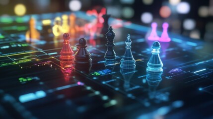 Poster - a 3d investment strategy board with animated strategic markers, symbolizing the planning and executi